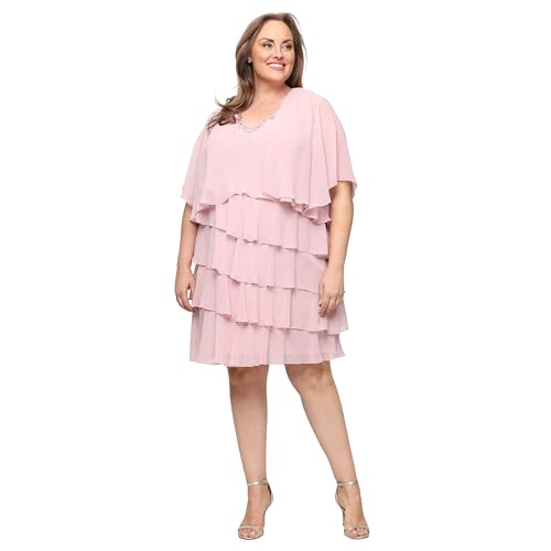 Image of S.L. Fashions Women's Chiffon Tiered Jacket Dress with Beaded Neckline Mother of the Bride, Cocktail, Or Wedding Guest Dress