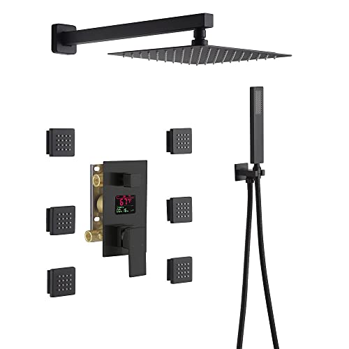 Sistema de ducha de pared Cascada Digital 12” con control monocomando y pantalla LCD, 3 funciones (Lluvia, jets corporales y ducha de mano) en acero inoxidable pulido miniatura 1