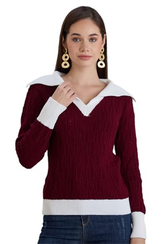 Image of Sweaters for Women Fashion Long Sleeve Lapel Collar V Neck Casual Knit Color Block Pullover Sweater