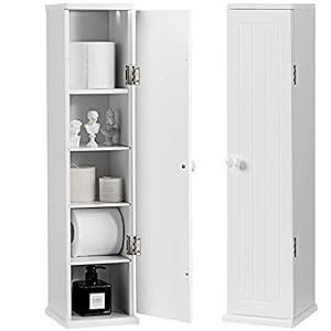 GIANTEX Vrijstaande toiletpapierkast, wit, toiletpapierhouder met 5 vakken en 3 afneembare planken en tissuedoos, badkamerkast, badkamerkast, staande kast, zijkast