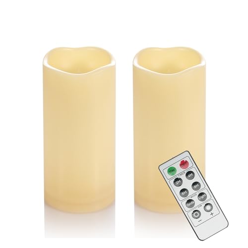Image of 2 Pack 6'' Outdoor Battery Operated Candles with Timer Flameless LED Flickering Candles Waterproof Electric Pillar Decorative Candle for Wedding Party Home Lantern Garden
