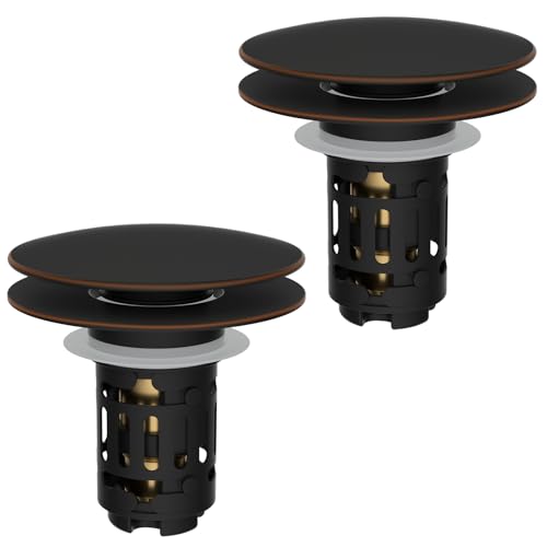 Hibbent 2 Pack 3 in 1 Bathroom Sink Drain Strainer, Pop Up Sink Stopper with Big Push Cap, Anti-Clogging Metal Filter Basket,Sink Plug with Hair Catcher for 1.1''~2.36'' Basin, Oil-Rubbed Bronze - image 1