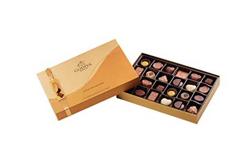 Godiva Chocolatier Gold Caja Rígida - Chocolate con Leche, Negro y Blanco Relleno de Ganache, Delicioso Caramelo, Pralinés Suaves y Otros Deliciosos Rellenos - 25 piezas / 255g
