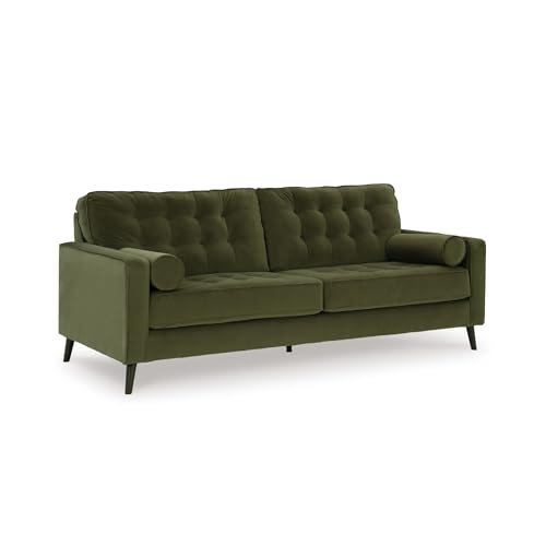 Image of Signature Design by Ashley Olive Green Velvet Sofa, No Assembly | 87-in couch, Sag-resistant platform foundation system, Easy-clean polyester velvet, Water or solvent cleanable, Reveon Lakes