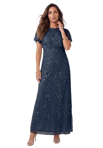 Roaman's Women's Plus Size Beaded Capelet Maxi Gown – Glam Evening Dress - 22 W, Navy