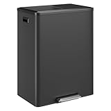 16 Gallon Kitchen Double Trash Can with Lid, 60 L Stainless Steel Large Dual Trash and Recycle Bin Combo, Step-on Double Compartment Garbage Bin with Removable Inner Buckets for Home and Office, Black