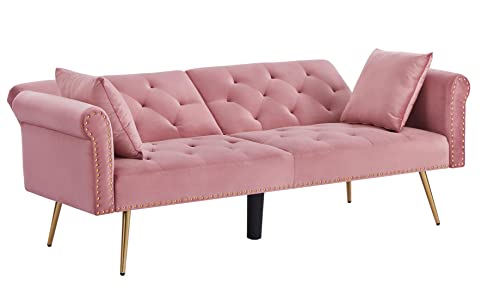 Modern Futon Sofa Bed Loveseat Convertible Sleeper Couch Daybed, Multifunctional Velvet Upholstered Folding Recliner, 2-Seats Splitback Small Sofá Couches With Metal Legs&Two Pillows For Living Room #TOP5