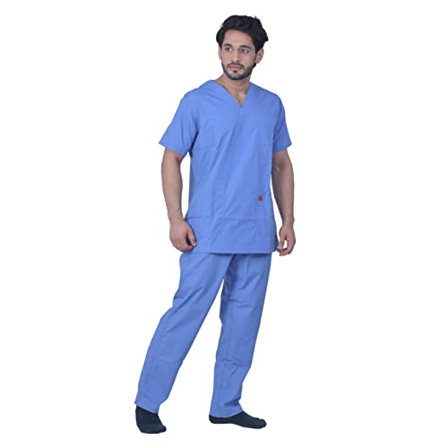 Image of Unisex V-Neck Polyester Cotton Medical Scrub Suit for Doctors, Top and Bottom with 6 Pockets, Triple Needle Stitch Top, Size 34 - XS, Ceil Blue. BLUE.