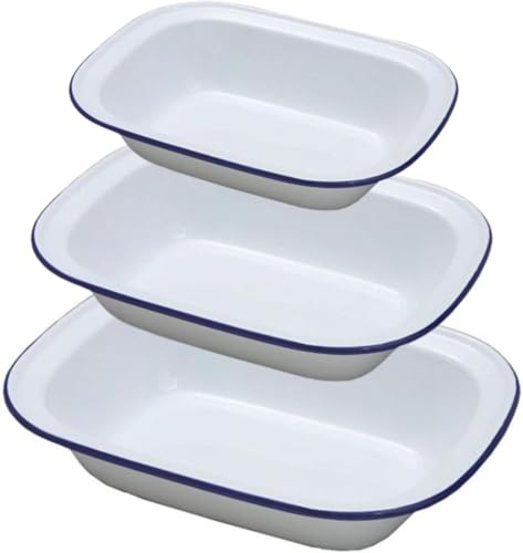 VG Premium White Enamelware with Blue Rim Oblong Pie Dish Set of 3 Oven Safe Retro Bakeware 24cm | 26cm | 30cm Oven To Table Baking Pudding Steak |Shepherds Pie Enamel Roasting Tray Family Set