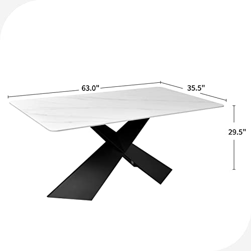Hernest Nordic Modern Dining Table With Black Carbon Steel Metal X-Base, Durable Traditional Sintered Stone Design Rectangle Kitchen Kitchen Dining Table For Living Room, Easy-To-Assembly, White #TOP1