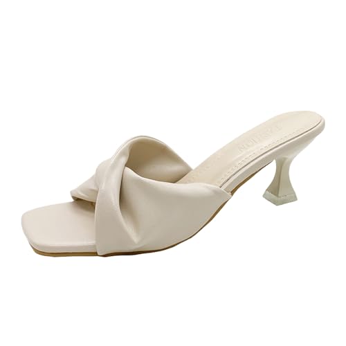 BOTRENT Women's Cross Strap Leather Kitten Heel Slip-On Sandals Fashion Square Open toe Low Heel Party Mule Sandals for Daily Outdoor Evening Dating (White,10)
