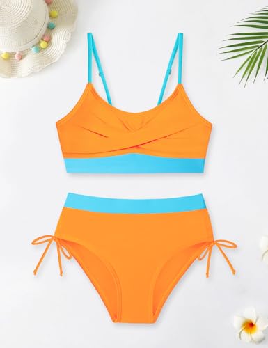 Image of Gaupafmb Girls Bikini 3PCS Swim Sets Color Block Crop Top Briefs with Shorts for 7-16 Years
