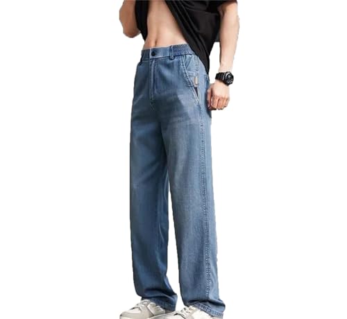 Mens Jeans Thin Light Summer Straight Fit Denim Pants Elastic Elegant Casual Relaxed Fit Trousers