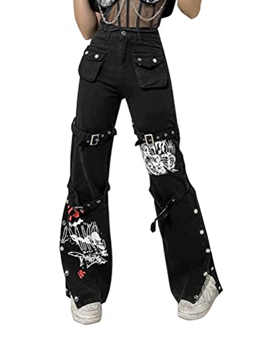 Jeans droit Y2K femme noir vintage et pantalon évasé gothique pour un style streetwear unique