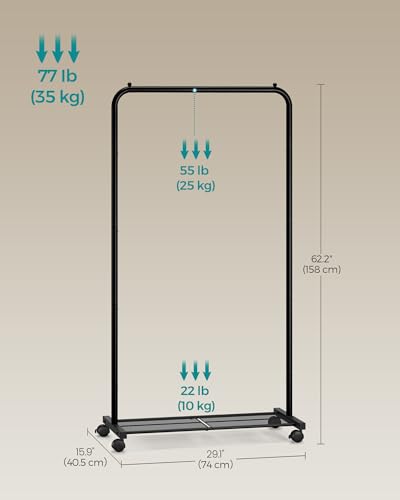 SONGMICS Clothes Rack, Clothes Rail on Wheels, Metal Clothing rail for Bedroom, 74 cm Long Hanging Rail, with Storage Shelf, 2 Lockable Wheels, 35 kg Load Capacity, Black HSR130B01