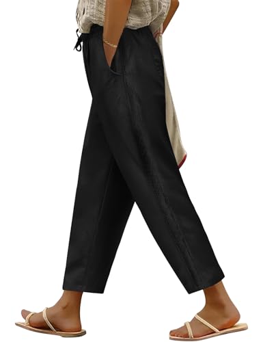 PASUDA Pantalon Femme Été 7/8 Pantacourt Taille Haute Elastique Pantalons Coton Ample Droit Décontractée Fluide Léger Palazzo Pants Chic et Elegant Plage...