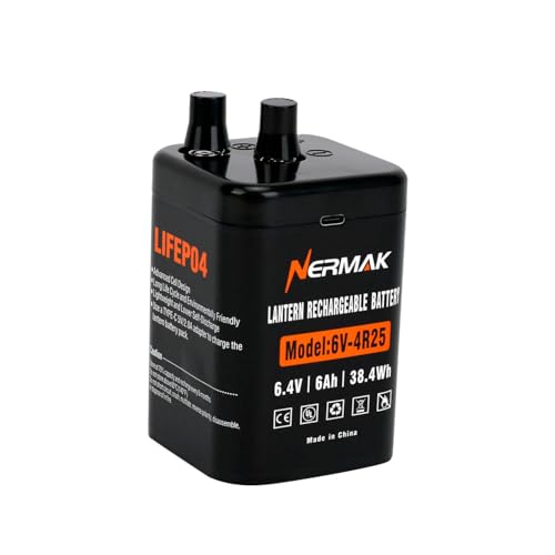 NERMAK 6 Volt 6Ah Lithium LiFePO4 Heavy Duty Lantern Battery, 2000 Cycles Rechargeable Lithium Iron Phosphate Battery for 4R25 Lantern(Spring S2 Terminals)