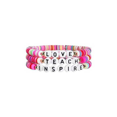 Handmade Teacher Appreciation Stackable Bracelets Colorful Solf Clay Love Teach Inspire Letter Beaded Adjustable Bracelets Sweet Teacher Gifts for Women