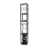 Simple Designs LF1015-BLK Three Shelf Etagere Organizer Storage and Wine Rack Floor Lamp with White Linen Shade, Black