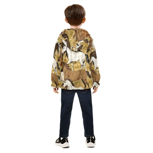 Horses Running in Field Pattern Toddler Fleece Jacket Girl Boys Hooded Fleece Jacket Coat Warm Outwear Zip-up 3-10T4