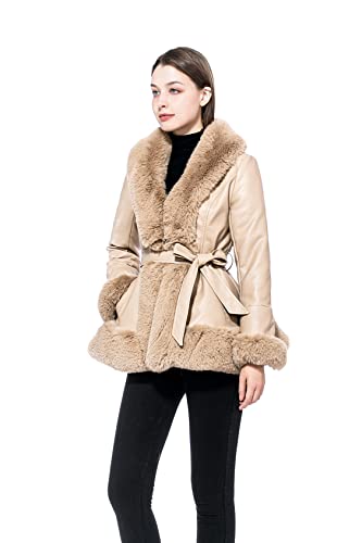 Gran Oriente Women's Faux Leather Jacket With Faux Fur Collar Long Sleeve Parka With Pockets Warm Winter Parka Coat With Belt Plus Size Outerwear Gk007-Black-M #TOP5