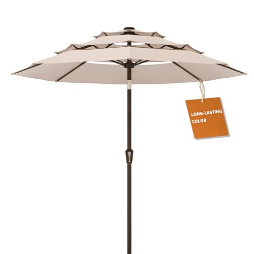 Kingdura 9ft 3-Tier Patio Umbrella, Outdoor Table Umbrella with Easy Crank & Tilt, 8 Reinforced Ribs, UV Protection for Deck, Pool, Market, Backyard (Beige)