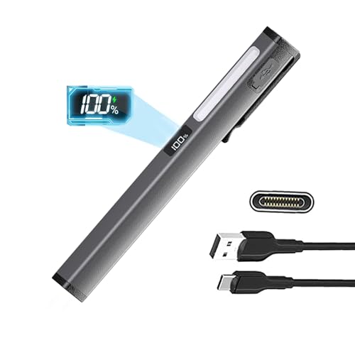 Tileon Rechargeable Pen Flashlight with 6 Modes & Power Display,Type-C Charging LED Pen Light with COB Light,Portable Pocket Flashlight for Camping, Emergency, Home (Gray)