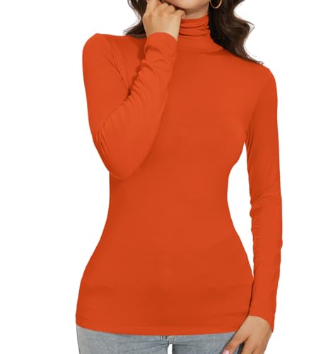 Womens Orange Turtleneck Shirts Tops Underscrub Long Sleeve Fitted Casual Basic Warm Winter Thermal Shirt (OGM)