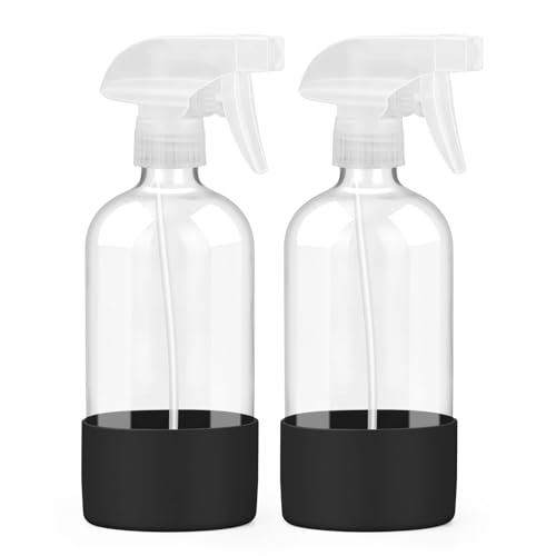 Worldgsb 2 Pack Glass Spray Bottles with Silicone Sleeve, 16 oz Empty Refillable Containers with Adjustable Spray Nozzles, Spray Bottles for Hair, Cleaning Solutions and Plants Blue&Grey