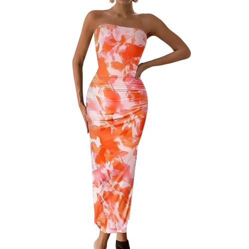 Image of Women's Tube Top Maxi Dresses Printed Tie Dye Strapless Bodycon Long Dress Split Side Sleeveless Party Elegant Outfits