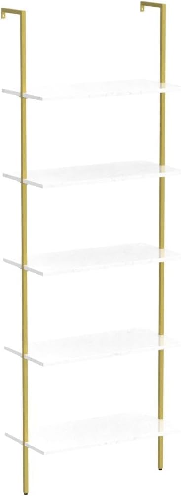 Wolawu Ladder Shelf 5 Tiers Wall Mounted Bookshelf 2-Piece White Marble Modern Bookshelf Open Tall Storage Bookcase Standing Leaning Wall Shelves Industrial Decorative for Home Office Living Room