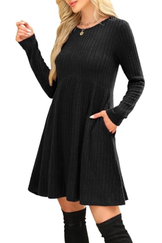 Image of OFEEFAN Long Sleeve Dress for Women Crew Neck Empire Waist Tunic Dress with Pockets