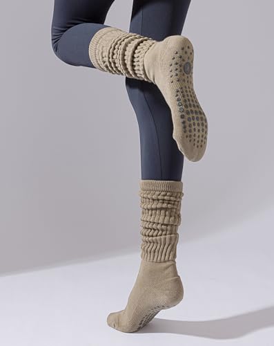 Image of Yawlsow Pilates Socks with Grips for Women Yoga Ruffle Grippy Non Slip Long Slouchy Scrunch Socks for Barre Workout Hospital