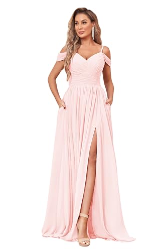 Image of BOLENSYE Off the Shoulder Bridesmaid Dresses with Pockets Ruched Chiffon Long Slit Formal Evening Gown