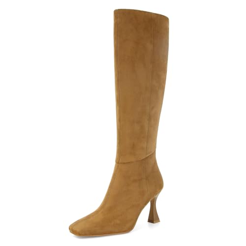 Image of Dsevht Black Leather Knee High Boots for Women Stiletto Kitten Heeled Sexy Boots Square Toe and Side Zipper Design Fashion Dress Boots