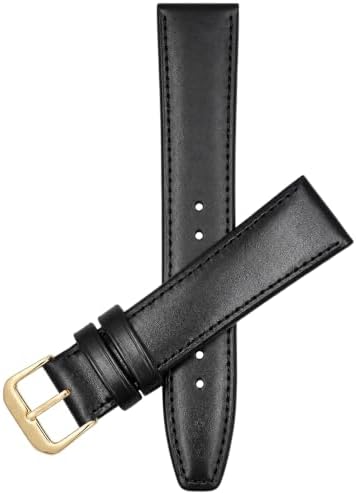 Bandini 18mm Italian Leather Watch Band Strap - Black with Stitching - Classic - Slim - Gold Buckle