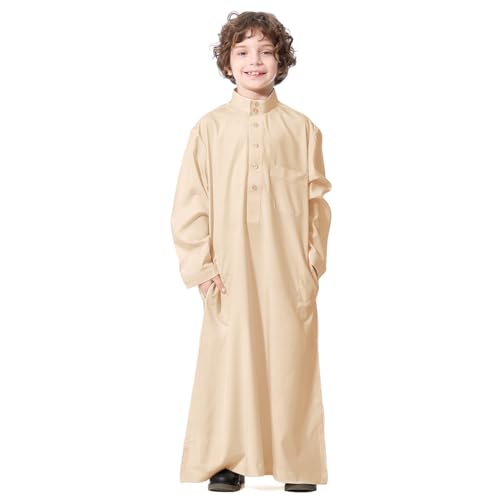 FYMNSI Arabic Thobe For Muslim Boys Robes Long Sleeve Kaftan With Pockets Solid Color Middle East Abayas Dubai Clothing 4-14T