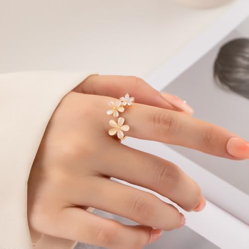 Kokoma Cat Eye Stone Daisy Flower Ring for Women Cubic Zirconia Little Floral Wrap Finger Band Eternity Promise Rings Open Statement Ring Dainty Jewelry Christmas Thanksgiving2