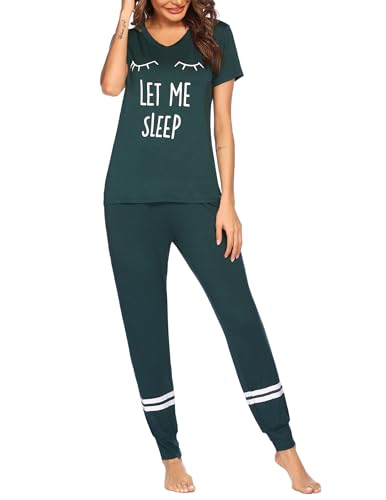 Ekouaer Woman Pajamas Adult Pj Sets Jogger Pajama Set Short Sleeve Top and Drawstring Long Pants Pajamas Deep Green gift for wife