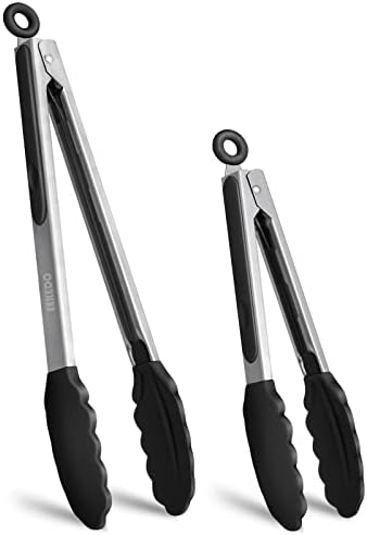 EEKEDO Kitchen Tongs, Stainless Steel Silicone Tongs for Cooking 600ºF High Heat-Resistant BBQ Grilling Locking Tongs, Set of 2-9" and 12"