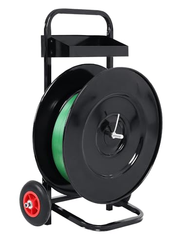 FAHKNS Strapping Cart, Heavy Duty Banding Cart Banding Wheel, Black Deluxe Steel Strap Dispenser for PET Strapping Roll/PP Strapping Roll Coil with 50 Packing Buckle Free