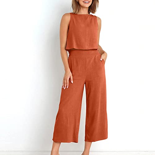 Generic Conjunto feminino casual de duas peças, sem mangas, gola redonda, colete leve e folgado, mod
