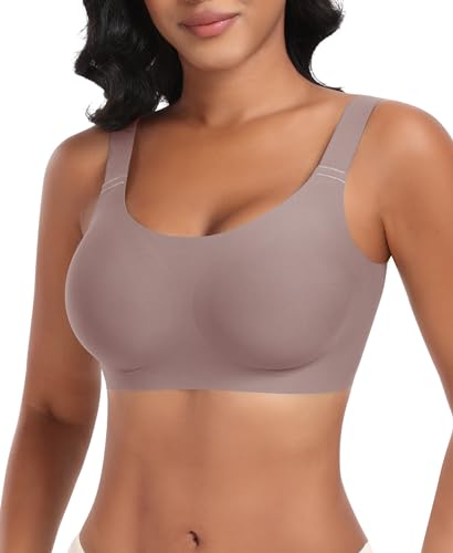 Ganado Sujetadores Mujer sin Aros Sujetador con Relleno Push up Básicos Bralette Cuello en U (Café,M)