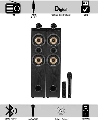 Image of F&D T70X 2.1 Twin Tower Speakers (Black) | Wireless Bluetooth Speaker | 160W Bass Boosted Output Power /Wireless Mic /LED Display | BT 5.0 /FM /USB /AUX | Speaker for TV, Laptop & Mobile