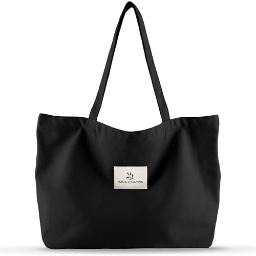 Emma Jonasson Einkaufstasche mit Reißverschluss - Große Tasche Damen - Tote Bag mit Innentasche - Perfekter Shopper groß als Strandtasche xxl Badetasche Shopping bag schwarz