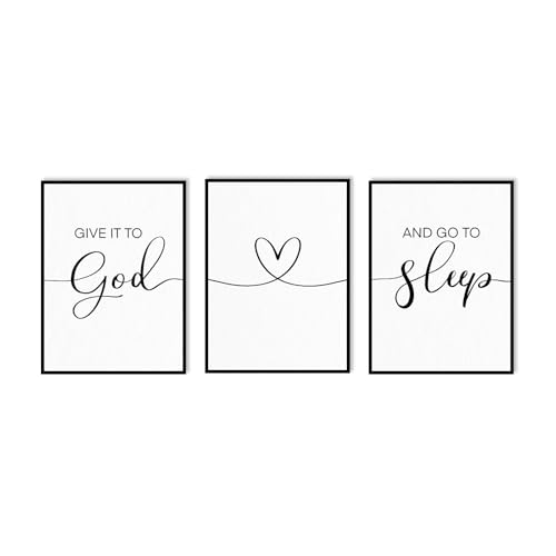 Give It To God And Go To Sleep Wall Art 12x16 Inch - Set of 3 Framed Farmhouse Christian Bedroom Decor, Minimalist Inspirational Quotes for Couples Above Bed