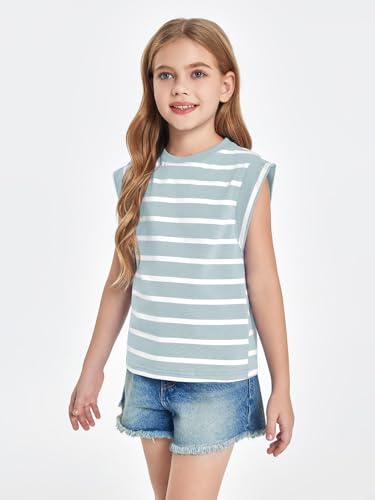 Haloumoning Girls Cap Sleeve T Shirts Summer Striped Tank Tops Tees 4-14 Years4
