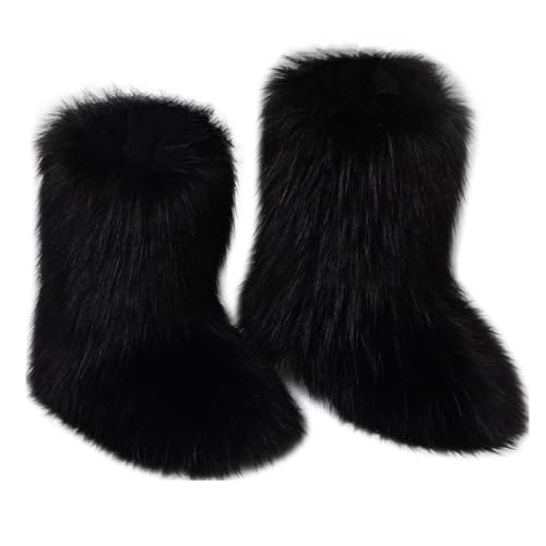 QMFUR Women's Furry Faux Fur Boots Fuzzy Fluffy Mid Calf Snow Boots Suede Warm Fur Lined Booties Flat Fashion Boots (Black 1, 9)