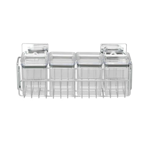Suporte de Parede Cromado Com 4 Potes Herméticos Porta Temperos c...