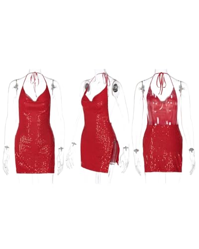 Image of Women's Sequin Halter Bodycon Mini Dress Split Hem Backless Cowl Neck Sexy Short Dress Open Back Cocktail Party Dresses